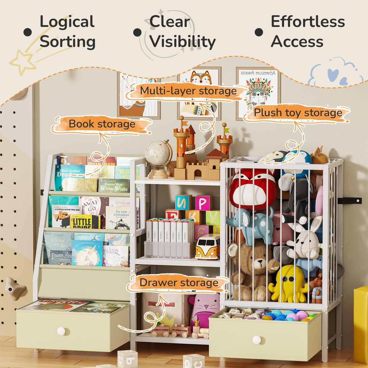 4-in-1 Kids Bookshelf and Toy Storage, 45.7"x11.8"x30", with 2 Drawers