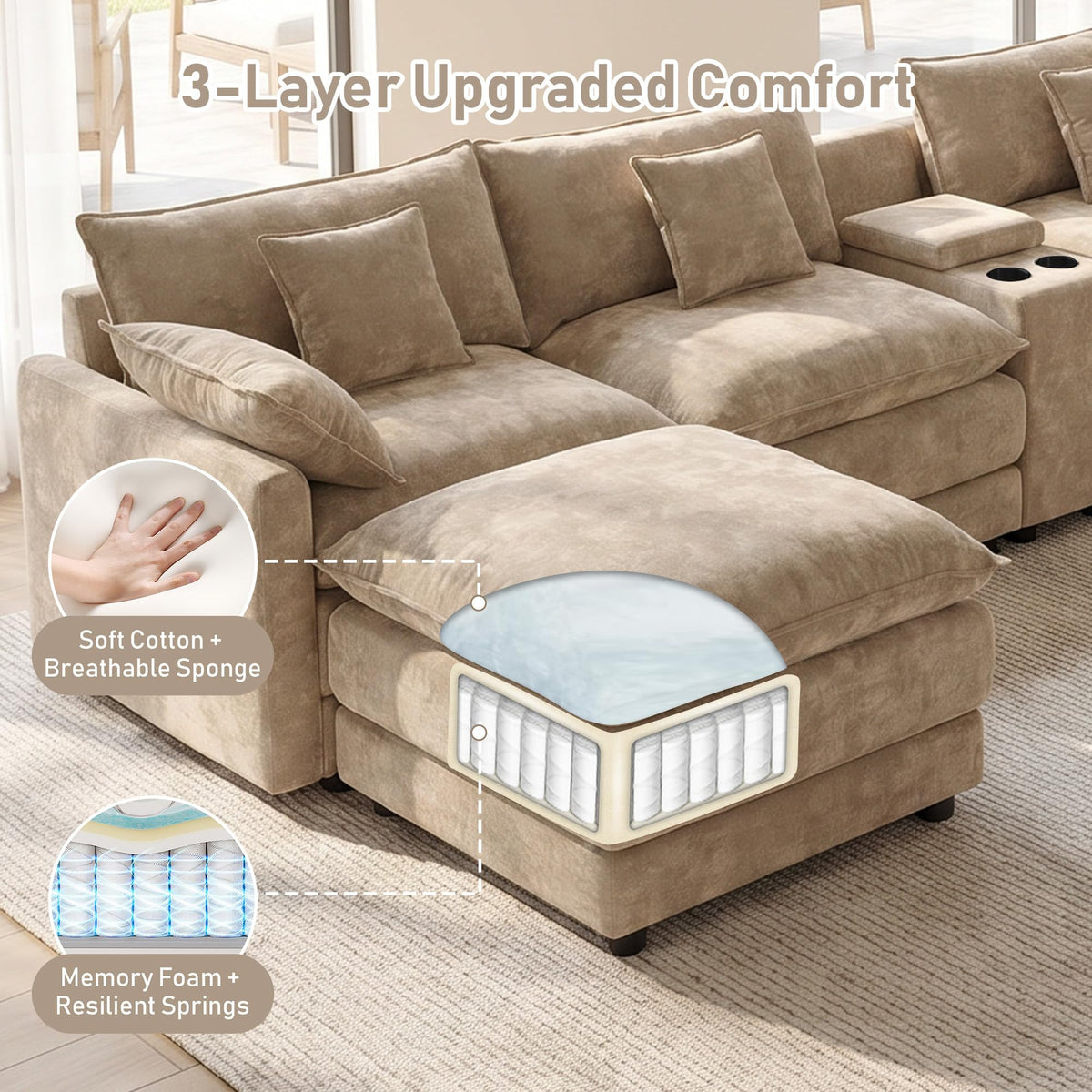 ONEMMLION 163" Oversized Cloud Sectional Couch for Living Room, Light Brown