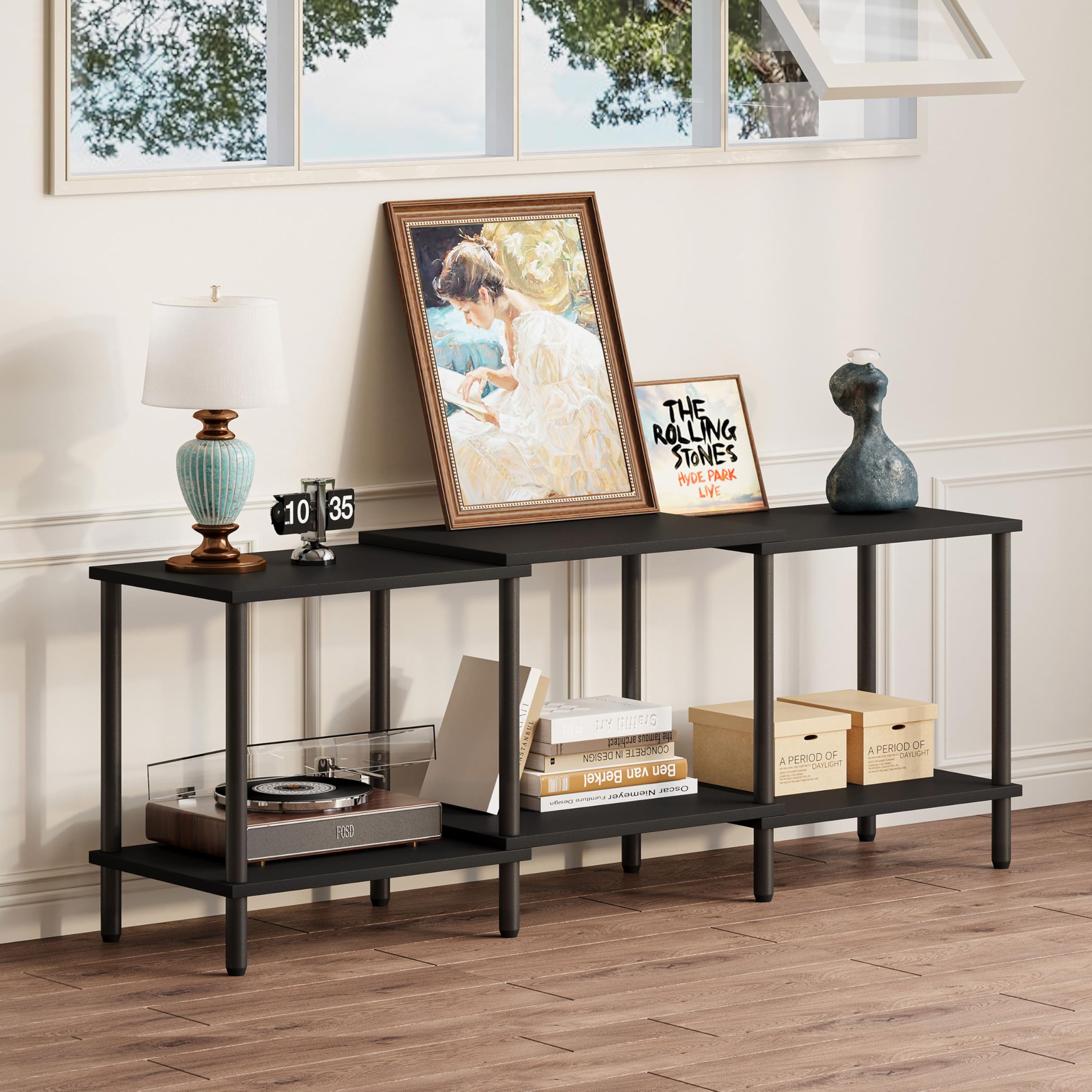 YAUKTAK TV Stand, Entertainment Center, Industrial TV Media Console Table with Open Storage Shelves, 2 Tier TV Cabinet for Living Room, Bedroom LTS107BK