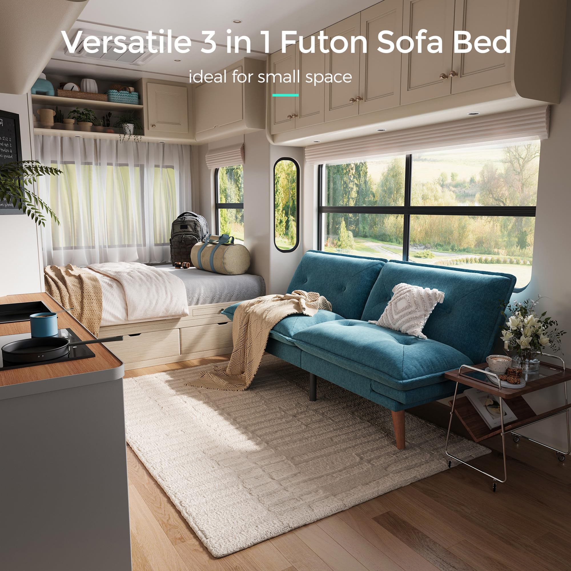 LINSY HOME Futon Sofa Bed, 70" Chenille Futon Couch with Adjustable Backrest Armrest, 3 in 1 Convertible Comfy Loveseat Sleeper Sofa Bed for Small Spaces Dorm Room Apartment Home Office, Blue