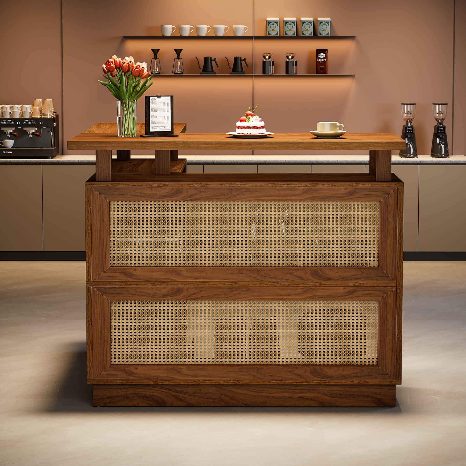 Tribesigns L Shaped Bar Table with 4-Tier Storage Shelf, Rattan Home Bar Unit with 2 Stemware Racks and Heightened Base, Corner Mini Coffee Liquor Cabinet for Home/Kitchen/Pub, Brown