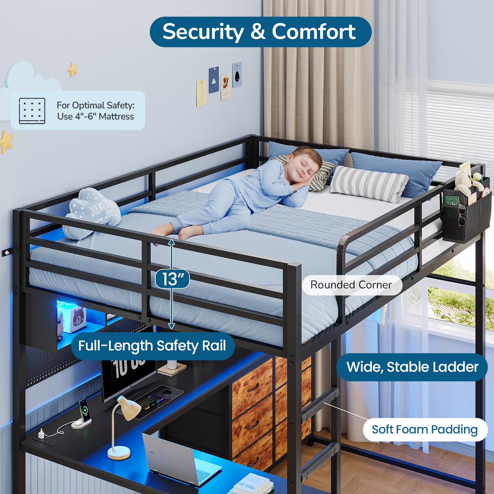 Full Size Loft Bed with L-Shaped Desk & Storage