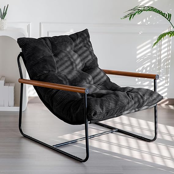 Corded Fabric Accent Chair with Metal Frame & Wooden Armrests