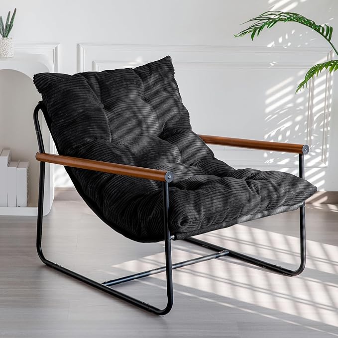 Tufted Accent Armchair with Metal Frame & Wooden Armrests