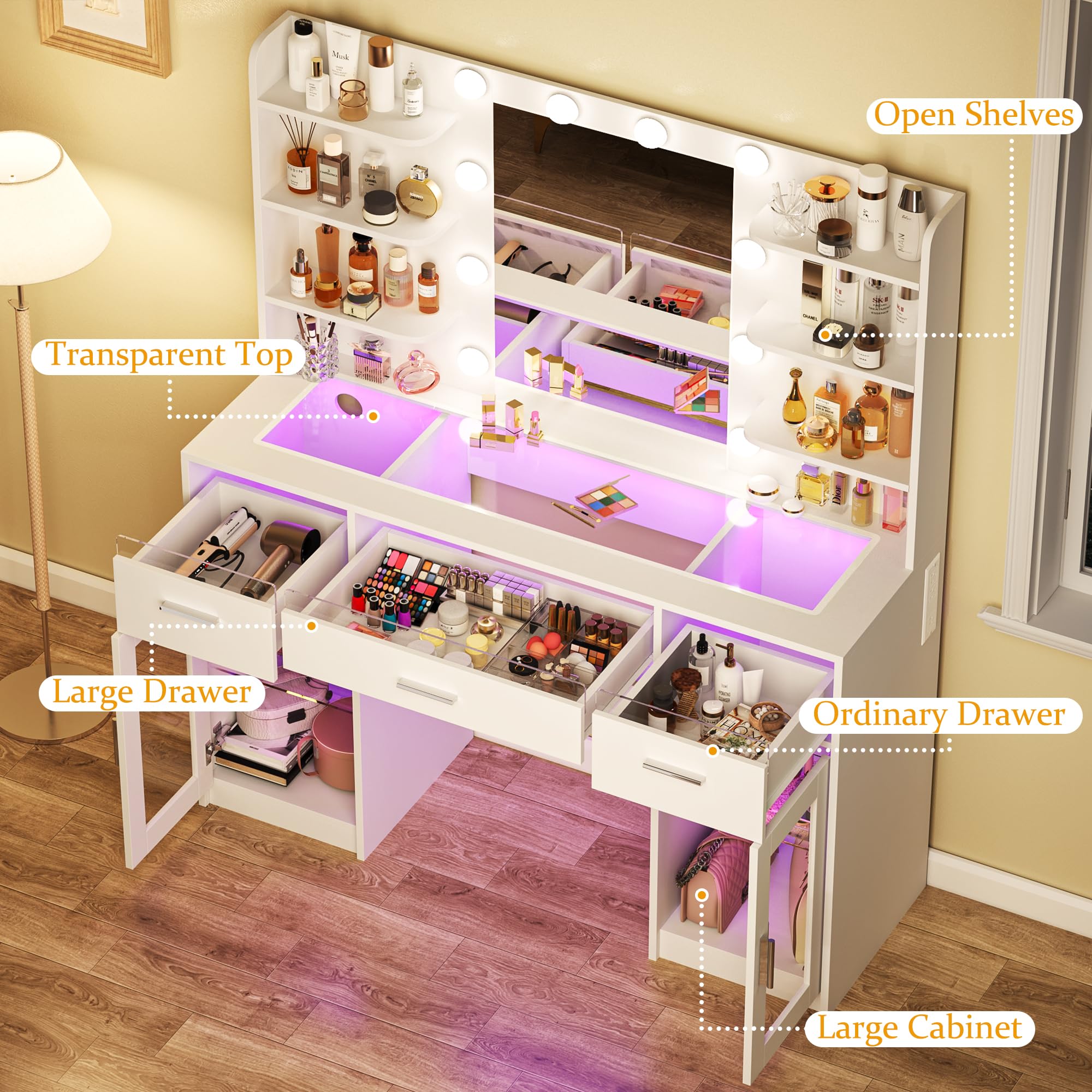 HUAHUU Vanity Desk, Makeup Vanity Desk with Mirror and Lights 3 Colors, Transparent Top with 3 RGB Drawers, 6 Shelves, 2 Large Tempered Cabinets, Power Outlet, for Bedroom, White