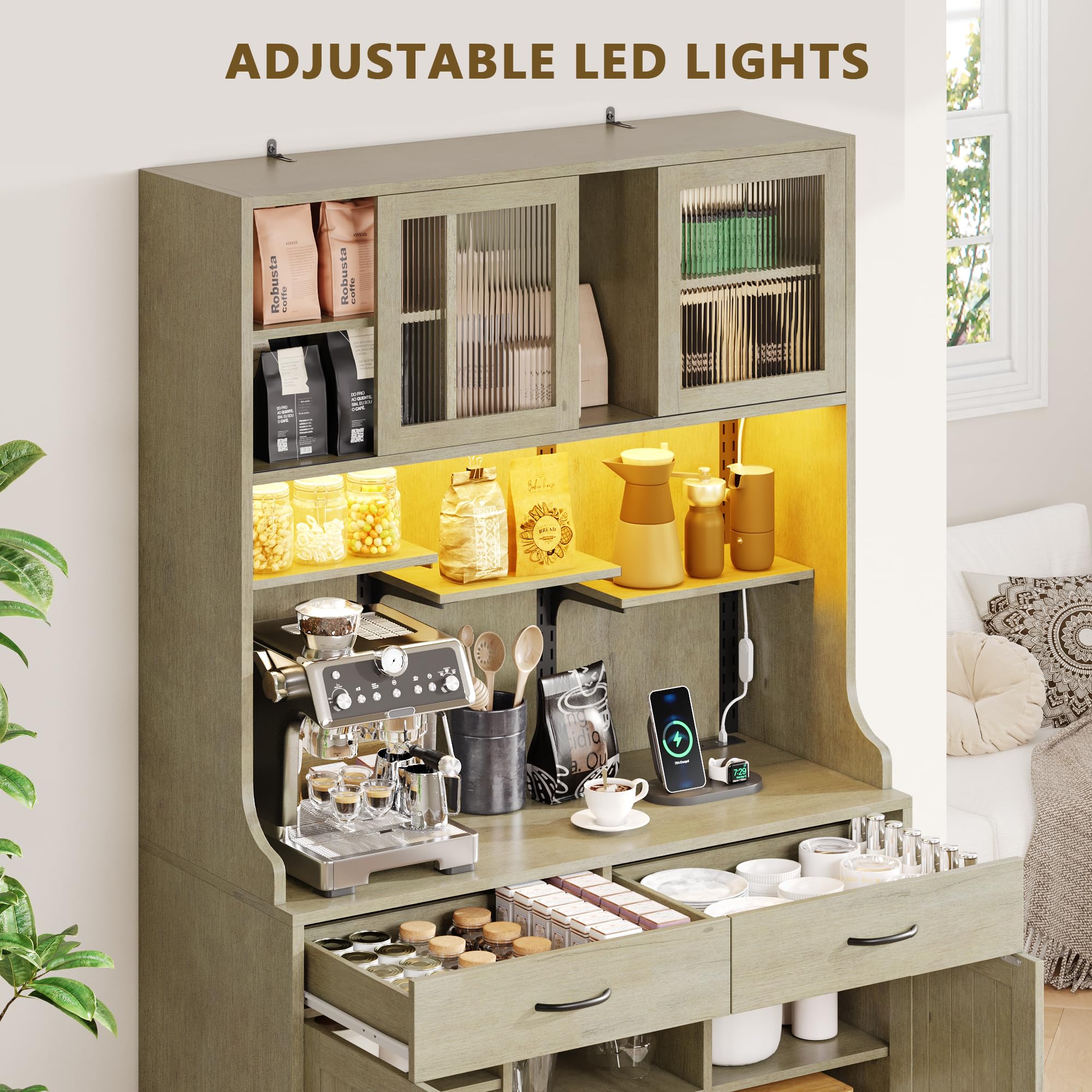 Einhomn 71" Kitchen Pantry Cabinet with UL Charging Station, 3 Adjustable Shelves, App-Dimmable LED Light, Wine Rack, Farmhouse Style, Buffet Cabinet for Kitchen/Dining/Living, Natural Wood