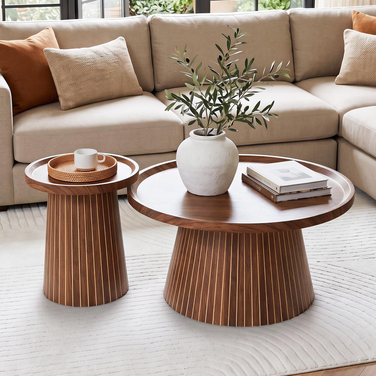 Zelurelle Nesting Coffee Table Set of 2, Circle Center Table Fluted Drum