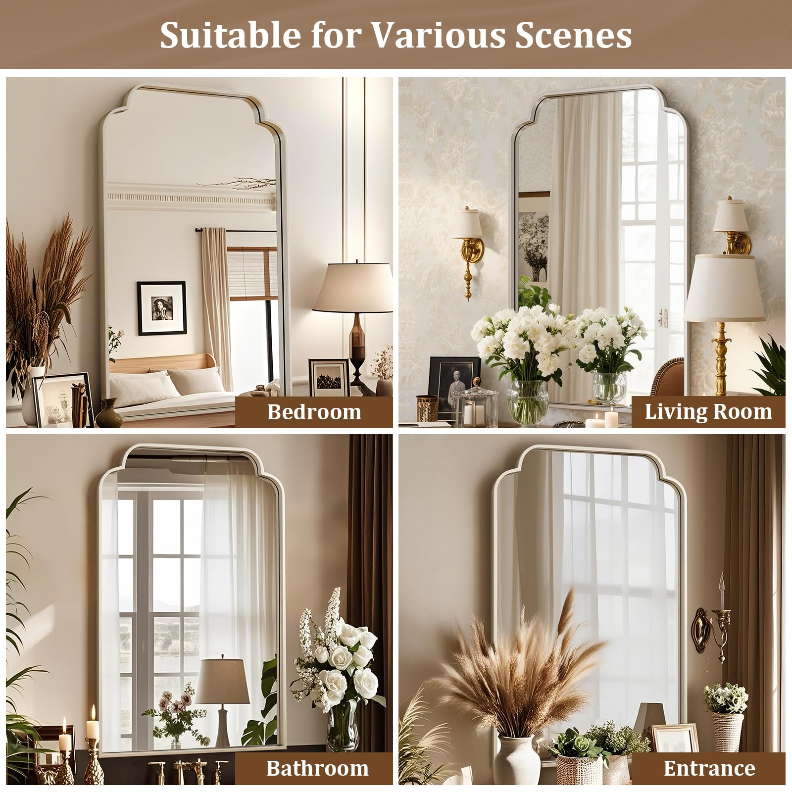 XRAMFY 30" x 48" Silver Arch Bathroom Mirror, Wall Mounted Vanity Mirror with Metal Frame, Modern Decorative Scalloped Wall Mirror for Sink, Bedroom, Living Room, Entry, Farmhouse Home