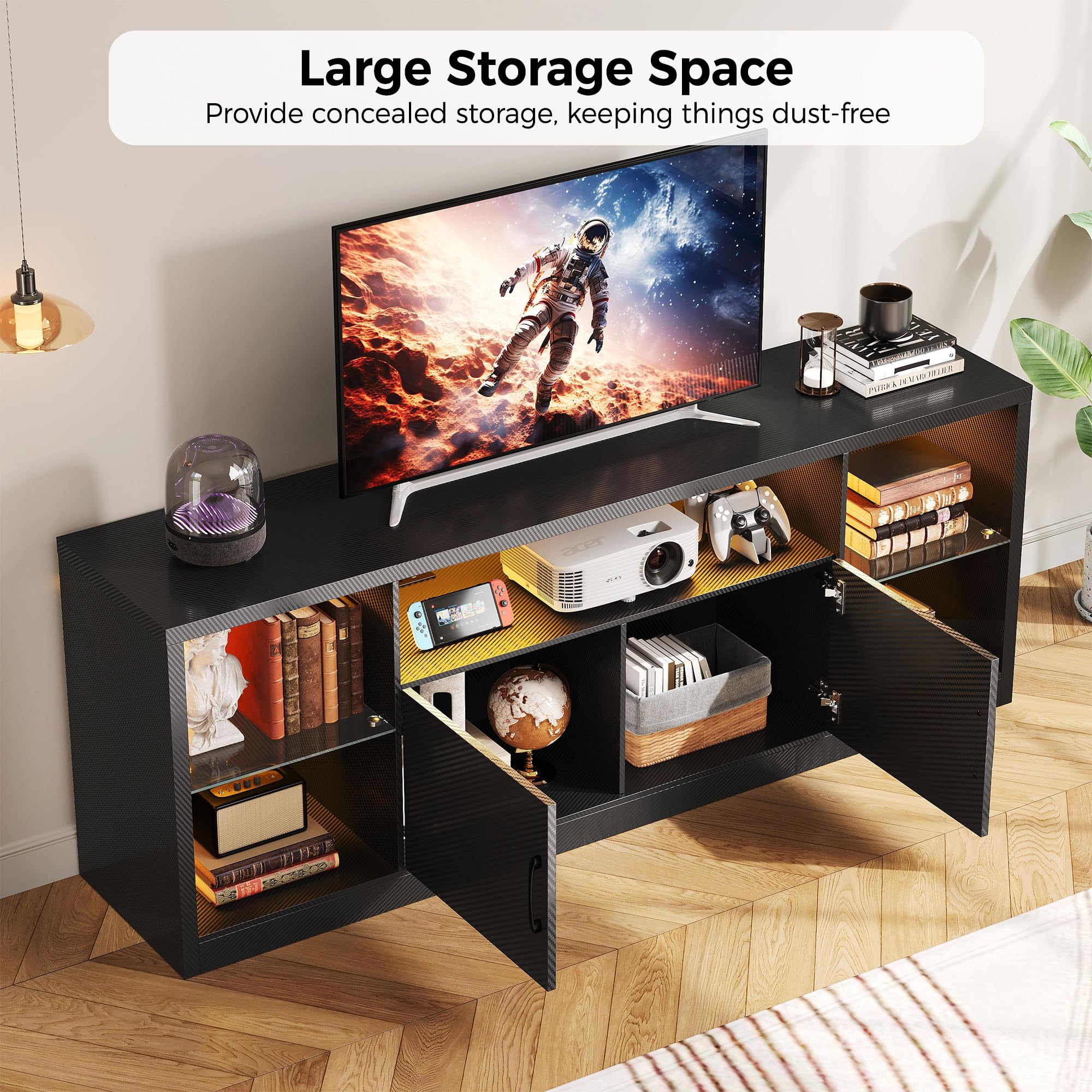 IRONCK TV Stand for TVs 80 inch with Power Outlet and LED Lights, Carbon Fiber Entertainment Center with Storage Cabinets, Adjustable Glass Shelves, Modern TV Stands for Living Room, Black