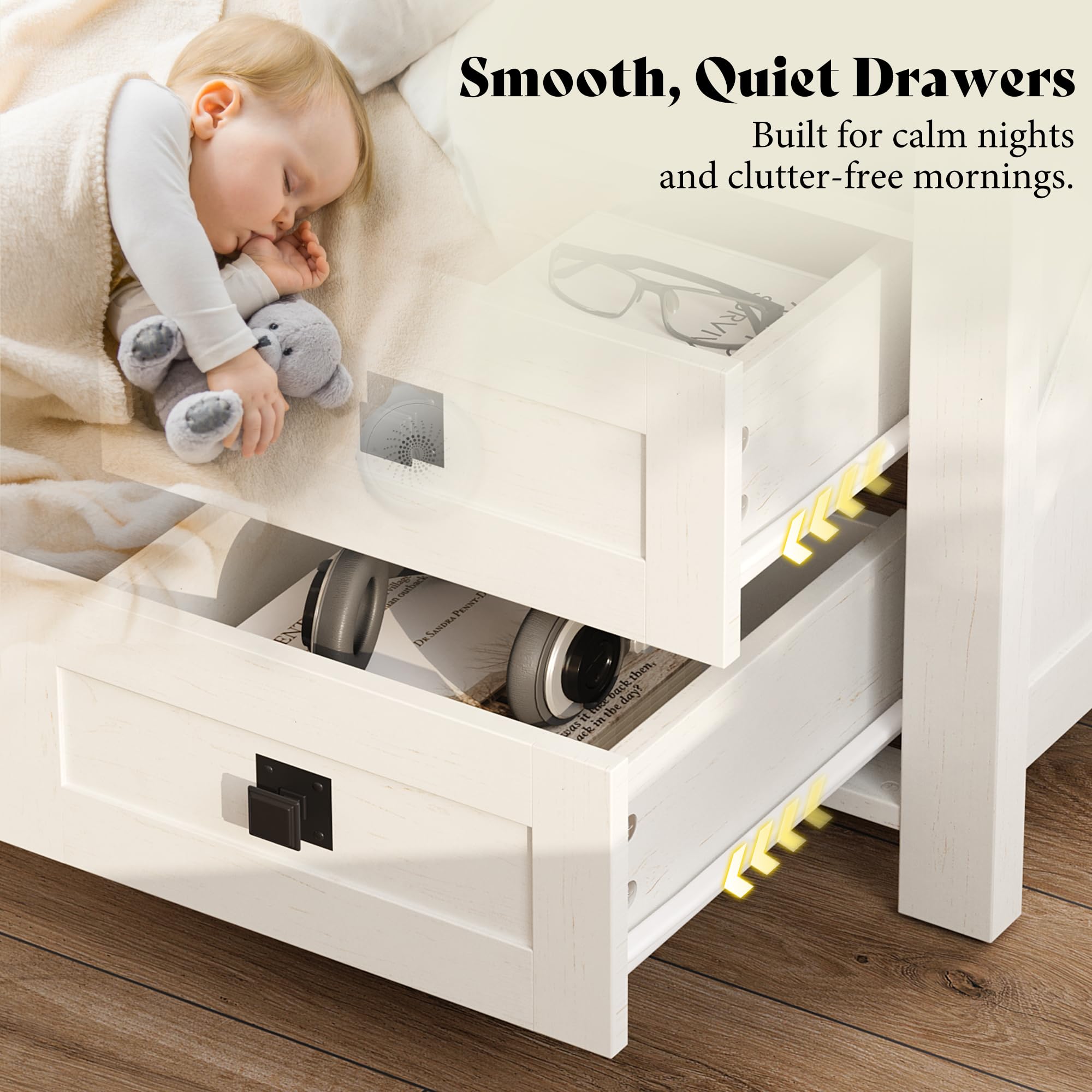 Farmhouse Nightstand Set of 2 with Drawers & Open Shelf