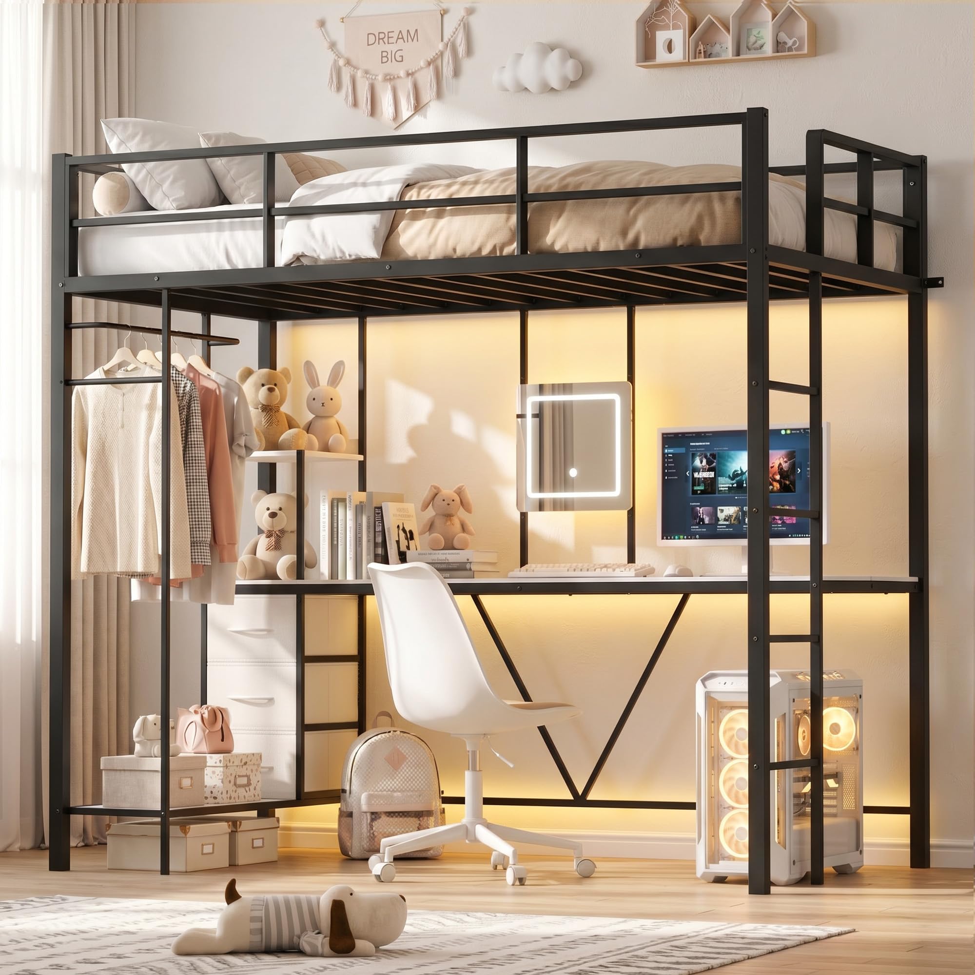 FUQARHY Twin Size Loft Bed with Desk, Bunk Bed with Storage Drawers Underneath, Metal Loft Bed Twin with Vanity, No Box Spring Needed (Black)