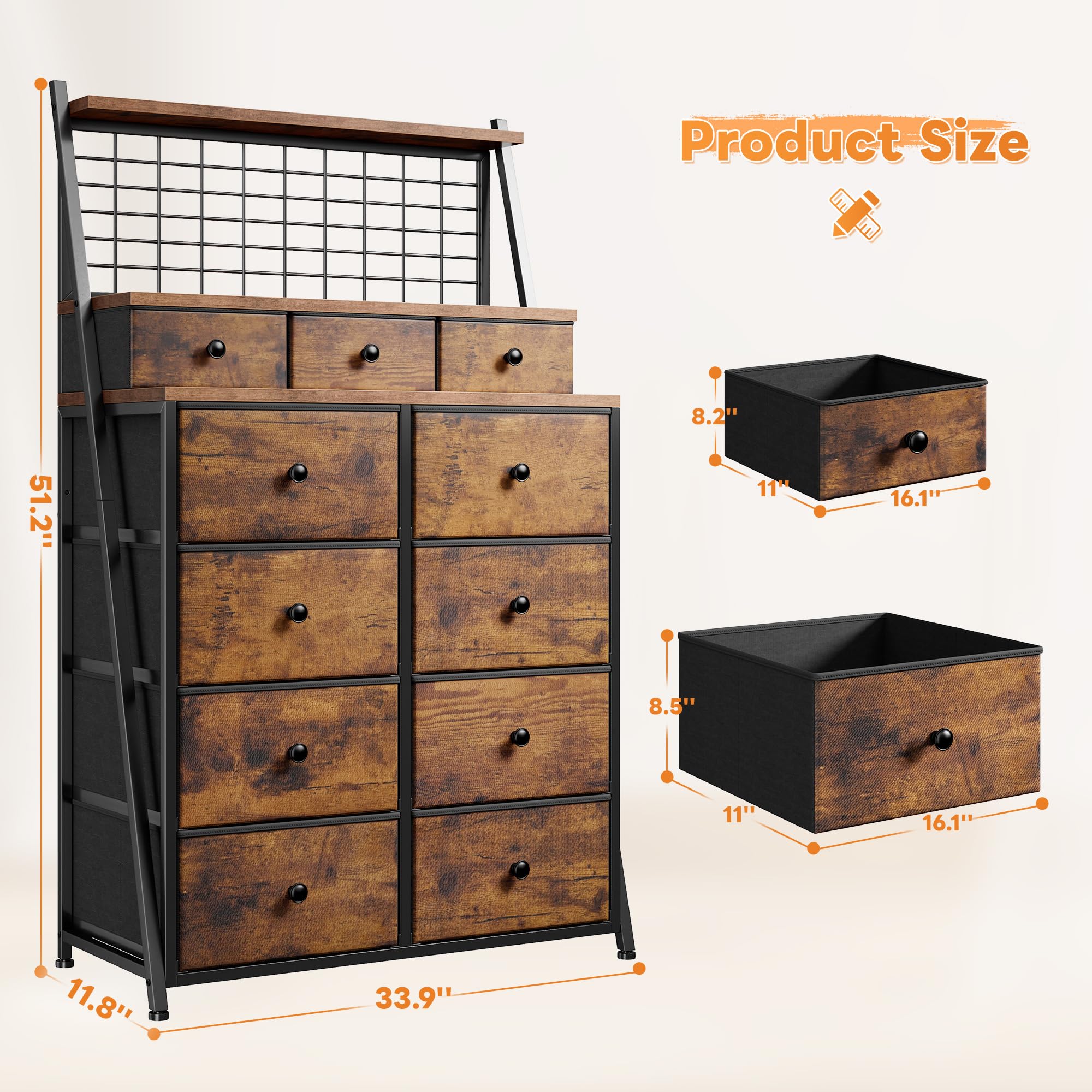 EnHomee 51" H Dressers & Chest of Drawers with 11 Drawers & LED Light, Bedroom Dresser with Wire Grid Panels & Open Shelves for Entryway, Dorm, Rustic Brown, 11.8" D x 33.9" W x 51.2" H