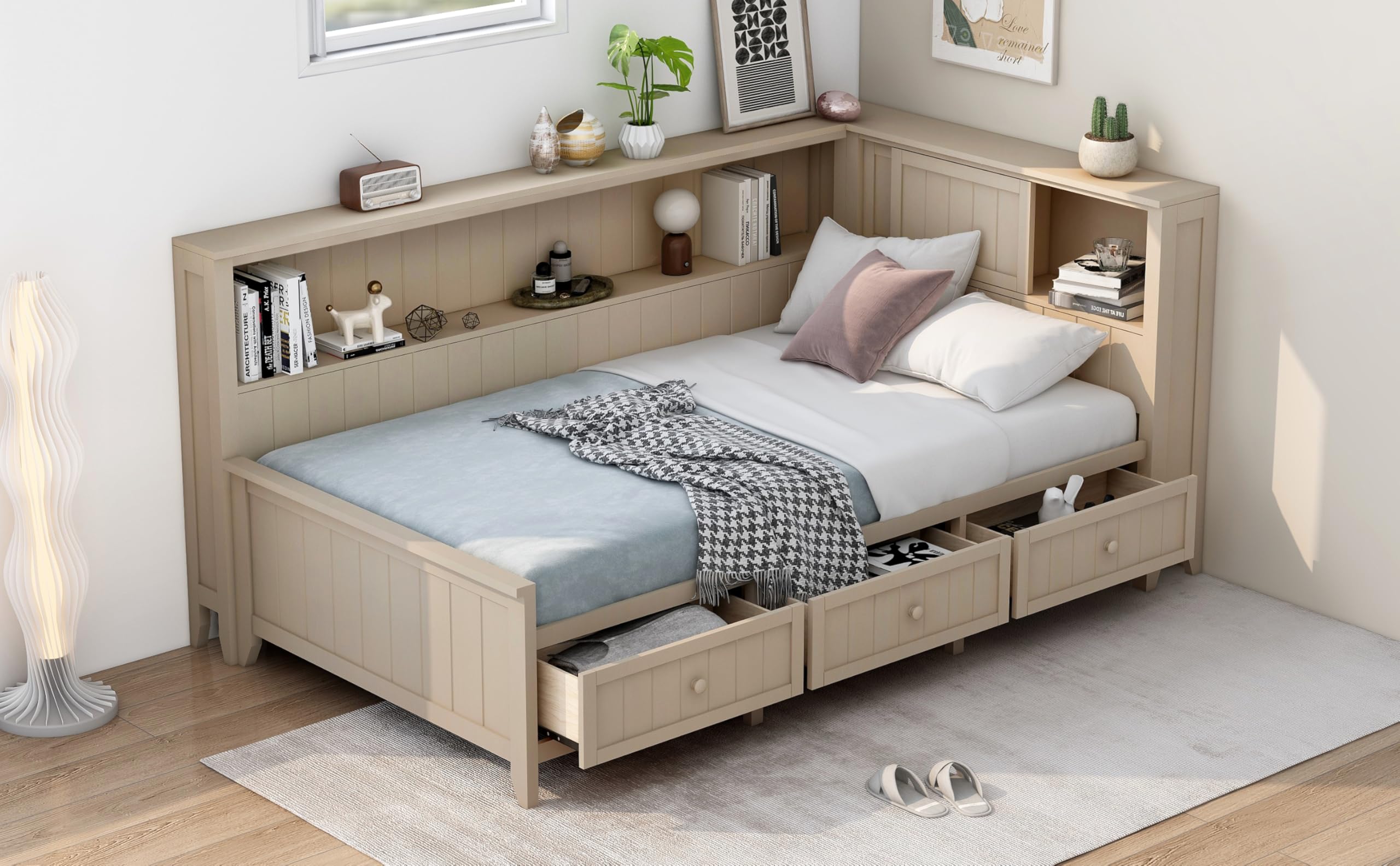 Zeephrog Twin Size Wood Daybed with Trundle and Storage Shelves, Antique White Daybed Frame with Drawers – No Box Spring Needed