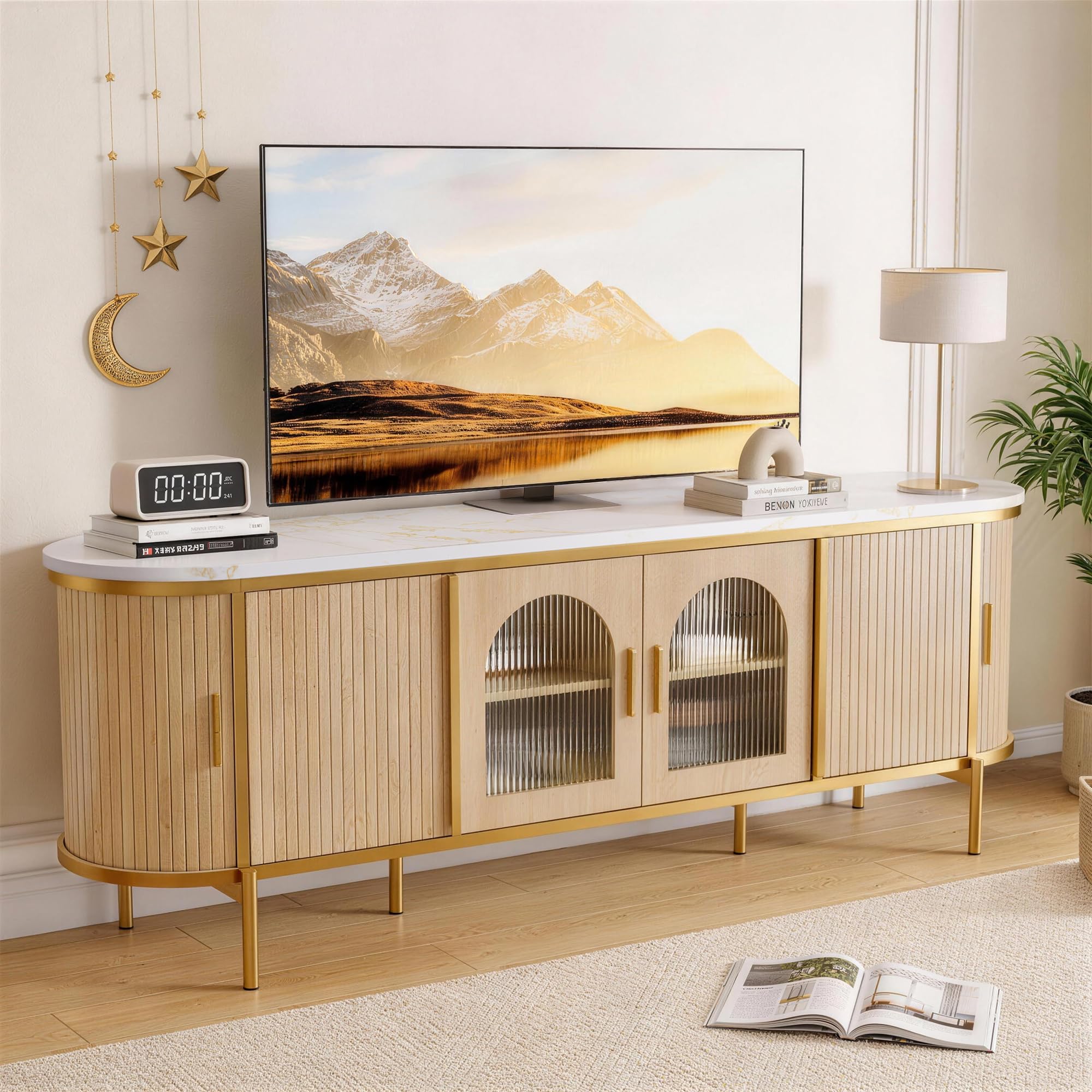 MXV 70" Fluted TV Stand for TVs up to 80", Mid Century Modern Entertainment Center with Sliding Doors & Glass Door, TV Console Table with Faux Marble Top for Living Room, Oak