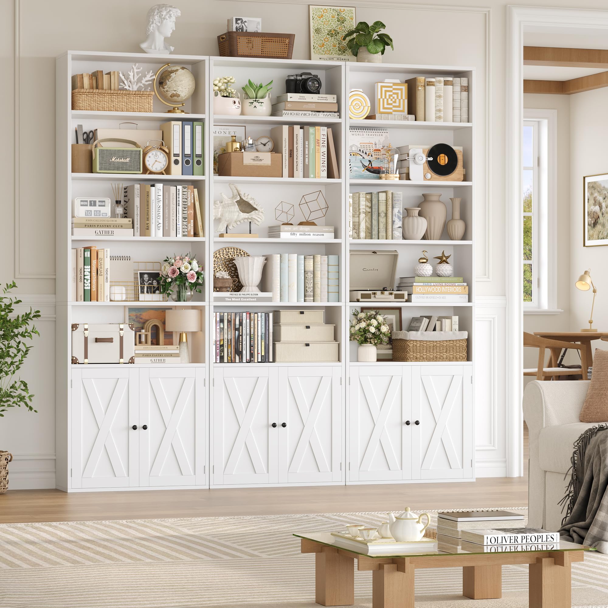 FACBOTALL 82" Tall Bookcase and Book Shelf, 24" Wide Bookshelf with Doors, 7 Tier Bookcase with Storage and Adjustable Shelf, Open and Display Farmhouse Bookshelf for Living Room, Home Office, White