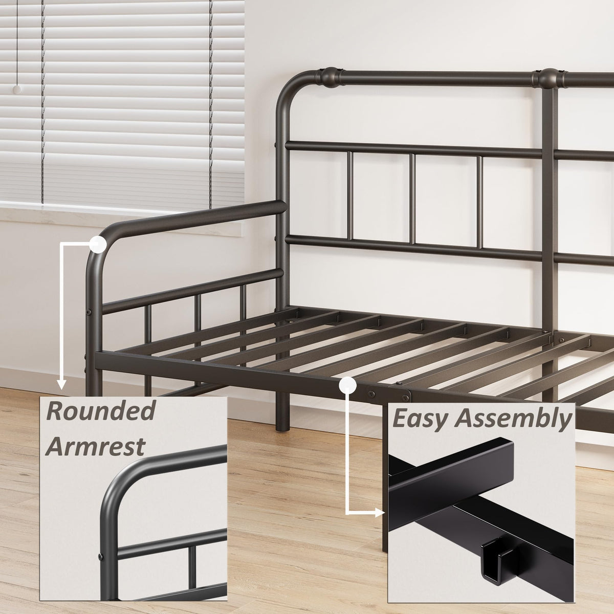 Hazena Daybed-Metal-Twin-Size-Bed-Frame - with Headboard, Heavy Duty Steel Slats Support for Bedroom Guest Room, No Box Spring Needed,Easy Assembly, Black