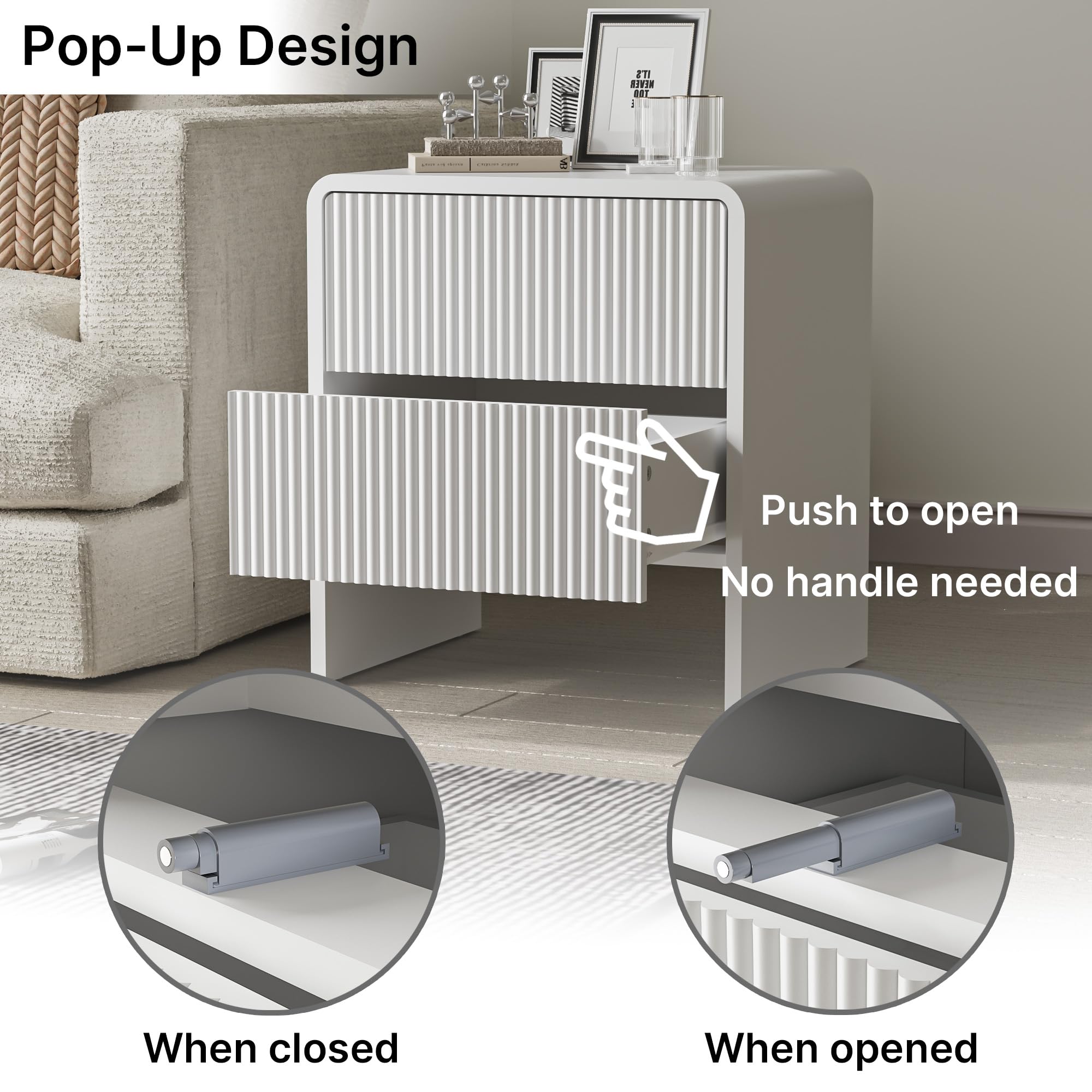 2-Drawer Curved Nightstand with Push-to-Open Storage