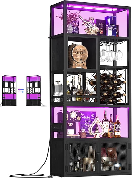 Tall Bar Cabinet with Power Outlets & LED Lights