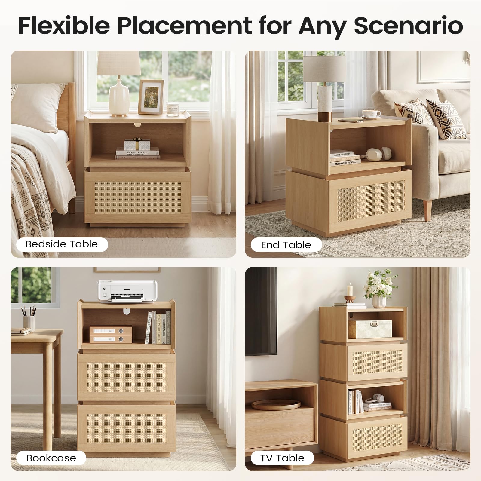 Sikaic Rattan Nightstand Set of 2, Modular Stackable Side Table with Drawer, Bedside End Table with Open Shelf for Bedroom, Small Spaces Natural