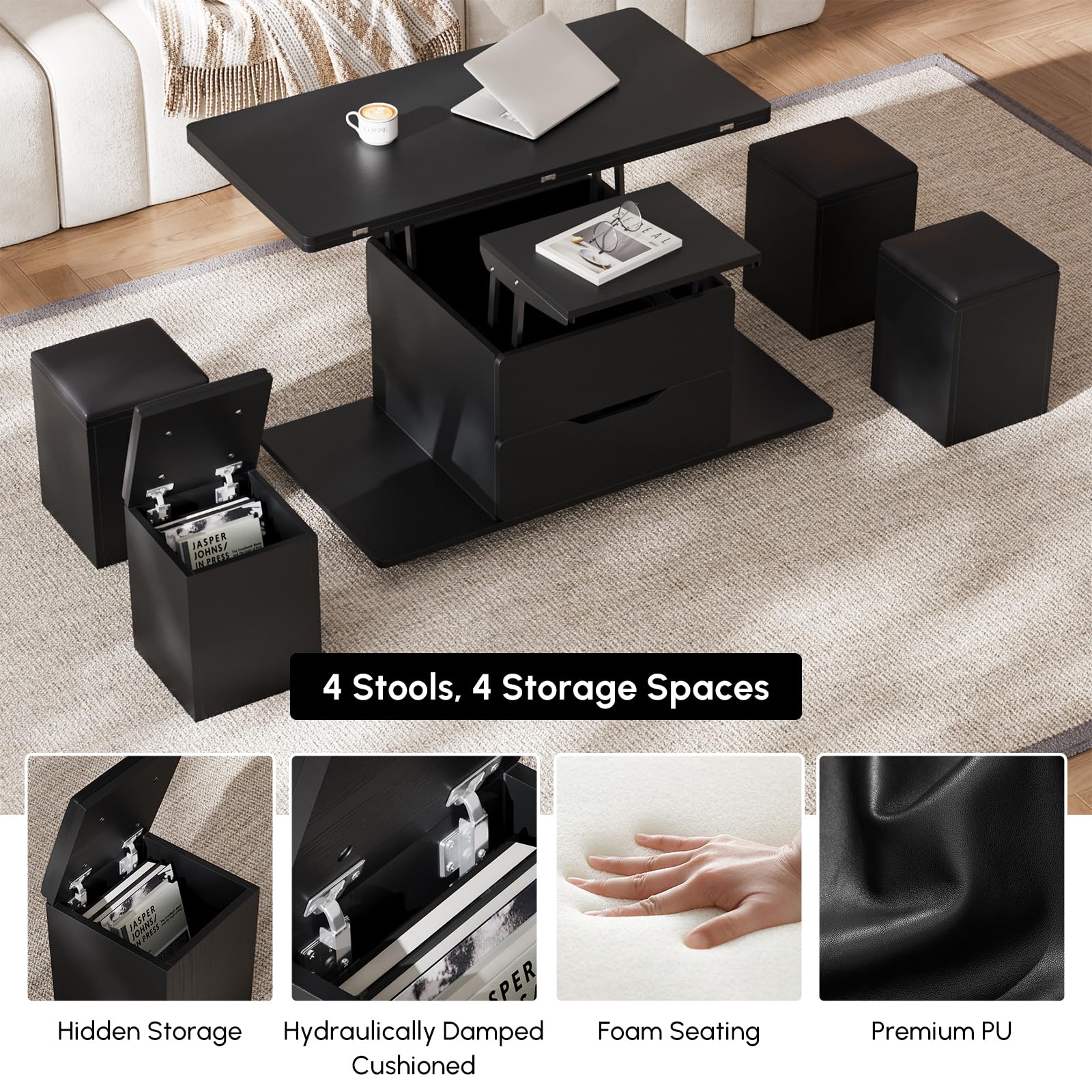 homary Coffee Table with Stools, Black 3-in-1 Modern Lift-Top Folding Center Table with Hidden Storage, Casters, and Lockable Wheels ¨C Convertible Dining & Office Table for Living Room