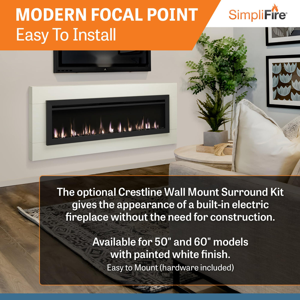 SimpliFire Allusion Slim 60" Electric Fireplace, Fully Recessed or Wall Mounted, 9 Flame Colors, Black & Clear Crystals, Logs, 13 Ember Bed Colors, Remote Control, Adjustable Heat, 750-1500W