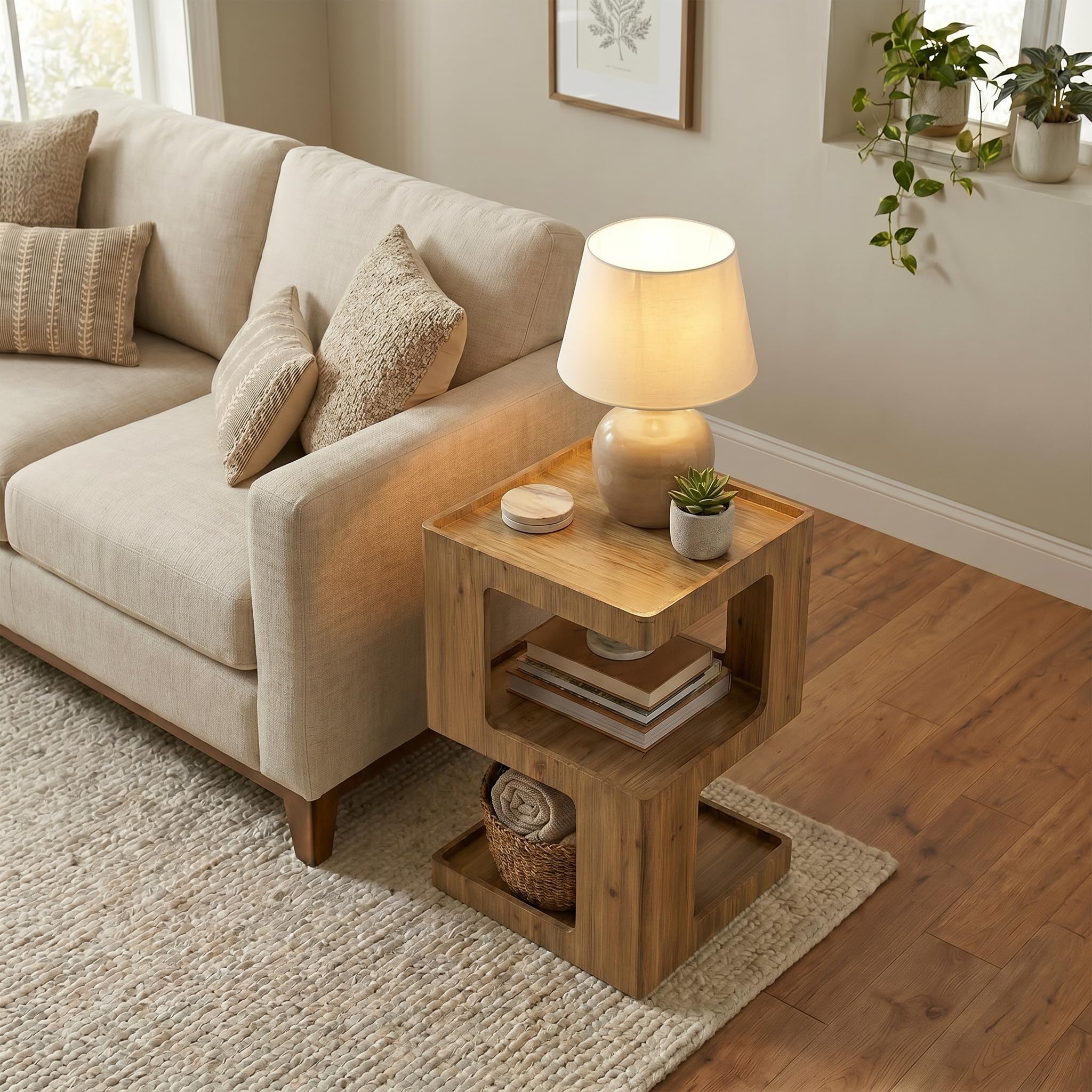 Geometric Wood End Table – 3-Tier Open Shelf