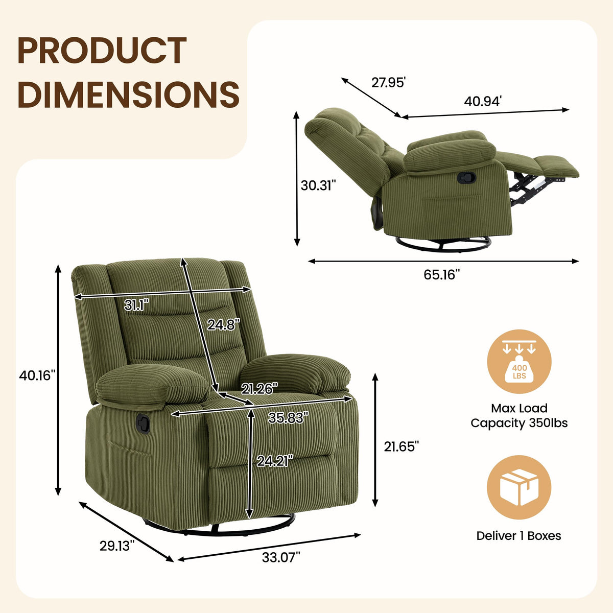 Corduroy Swivel Rocker Recliner