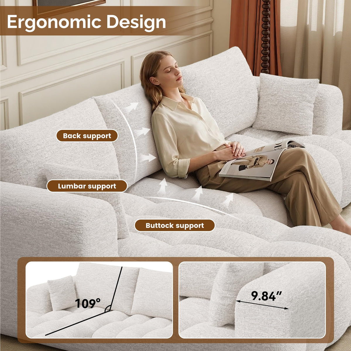 108” Boneless Couch, Cloud Couch with L-Shape Chaise, Modular Sectional Sofa with Oversized Deep Seat,Couch for Living Room Bedroom,No Assembly Required,White