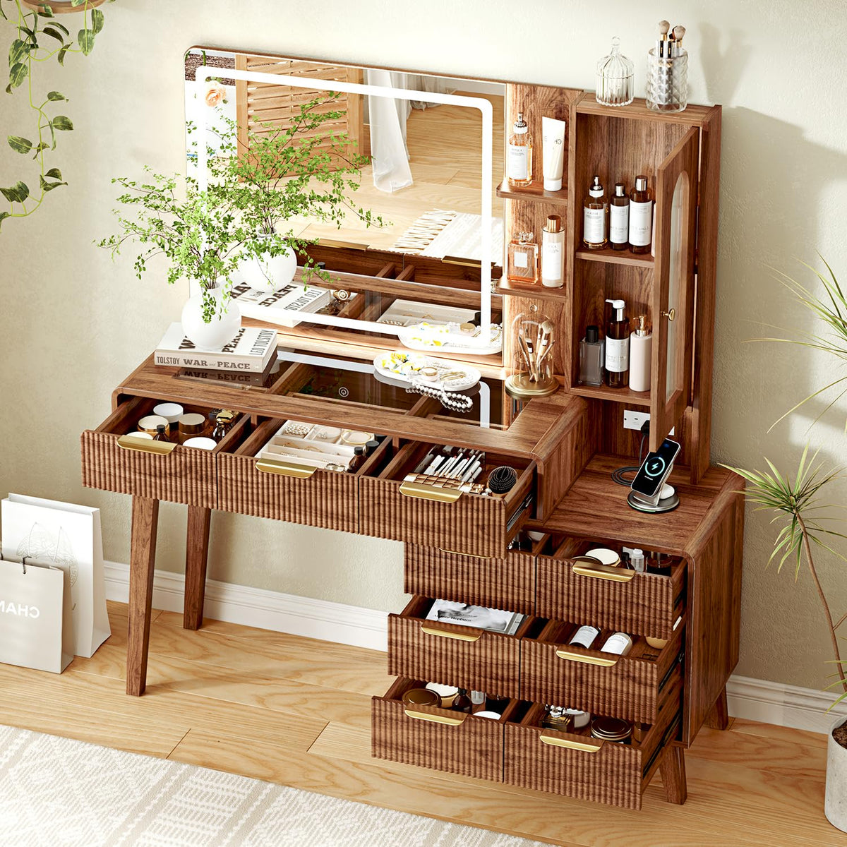 Glass Top Makeup Vanity with 3-Color LED Lighted Mirror & Power Strip, Large Vanity Table with 9 Drawers, Enclosed Cabinet & 2-Tier Open Shelves, Wooden Legs Bedroom Dressing Table, 51.38"W, Brown