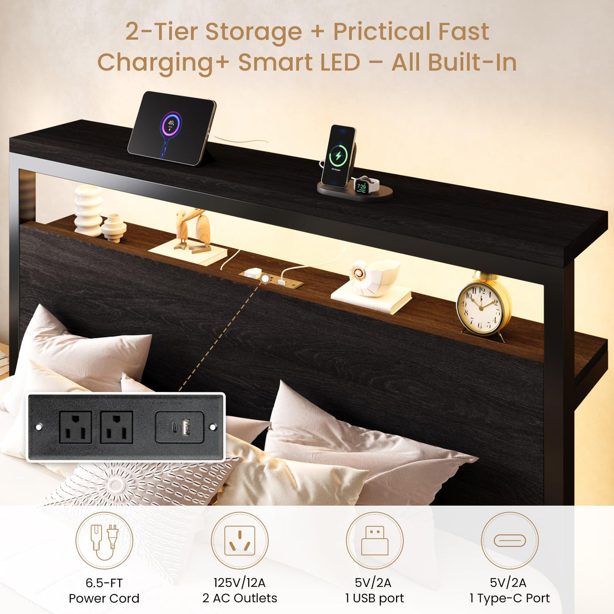 SHA CERLIN Queen Bed Frame, 2-Tier Storage Headboard, LED, Charging Station