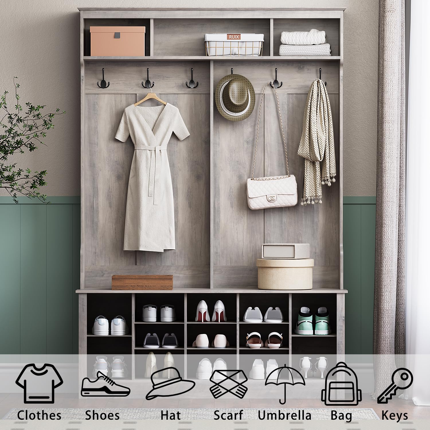 4-in-1 Farmhouse Hall Tree with Bench, 12 Shoe Cubbies & 6 Hooks
