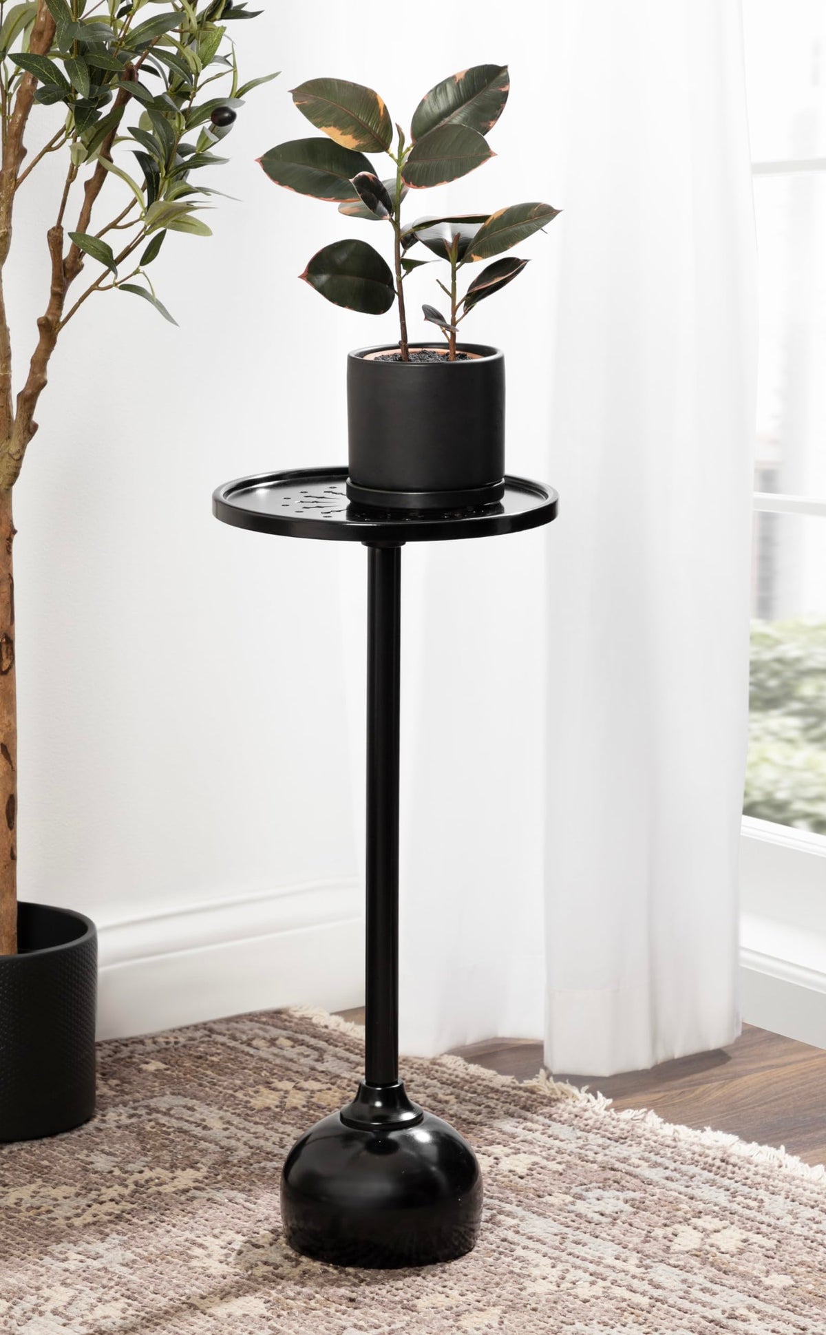 Kate and Laurel Miki Modern Pedestal Drink Table; 10 x 10 x 23; Black; Decorative Accent Patio Table for Use as Plant Stand Indoors or Outdoors or as a Living Room Martini Table