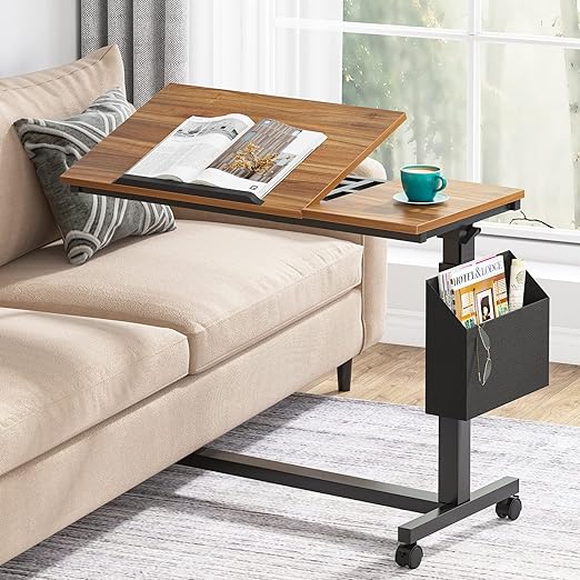 Height Adjustable C-Shaped End Table with Wheels