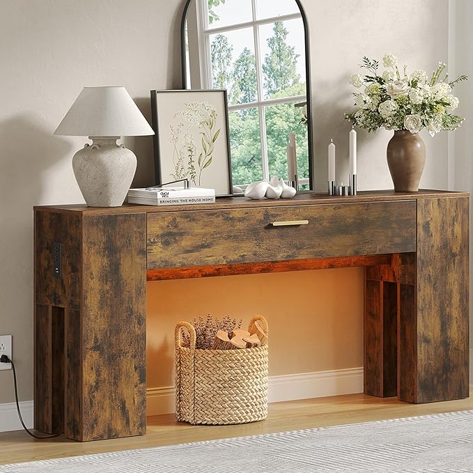 63" Console Table with Charging Station, LED Lights & Drawer