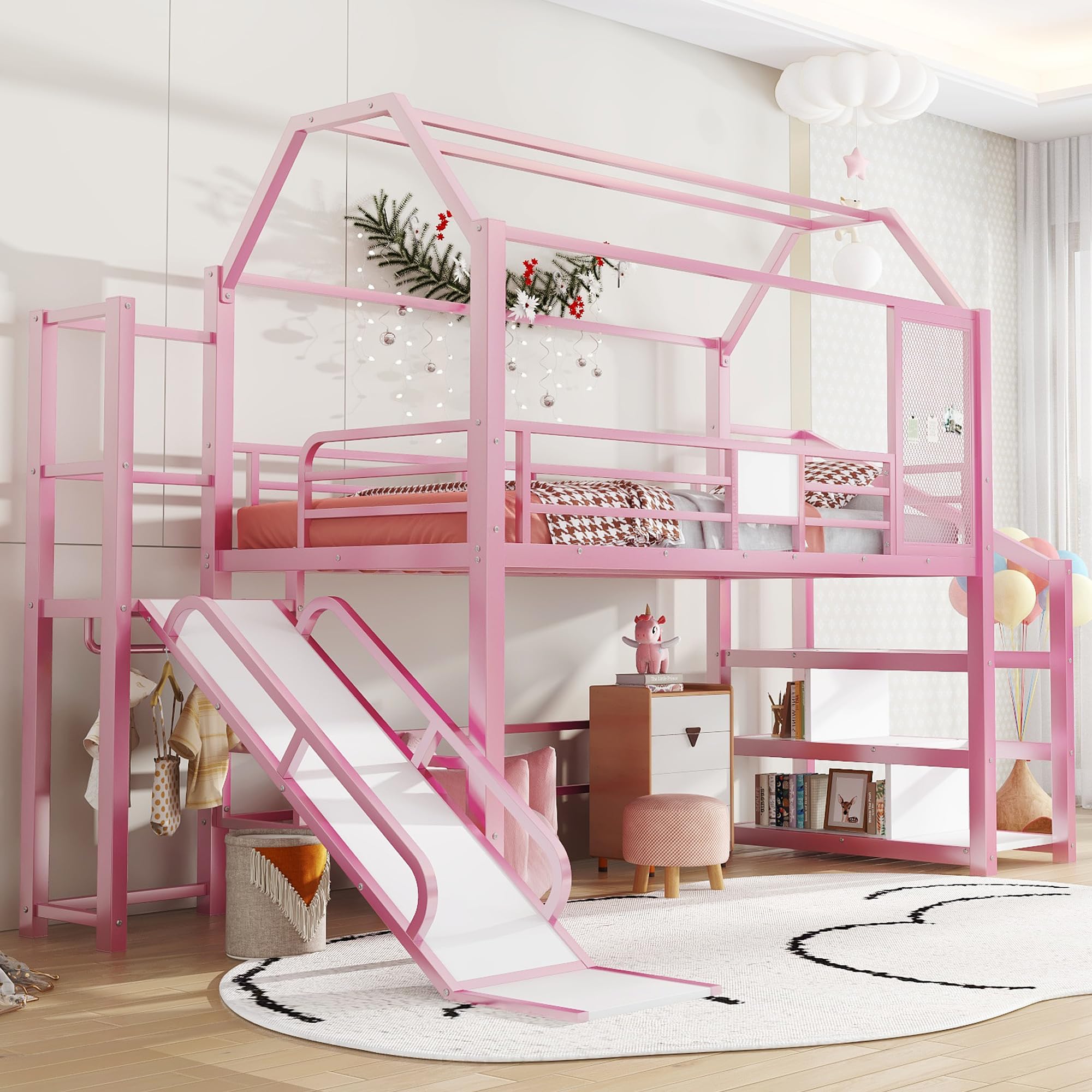 Twin Size Loft Bed with Slide & Storage Stairs