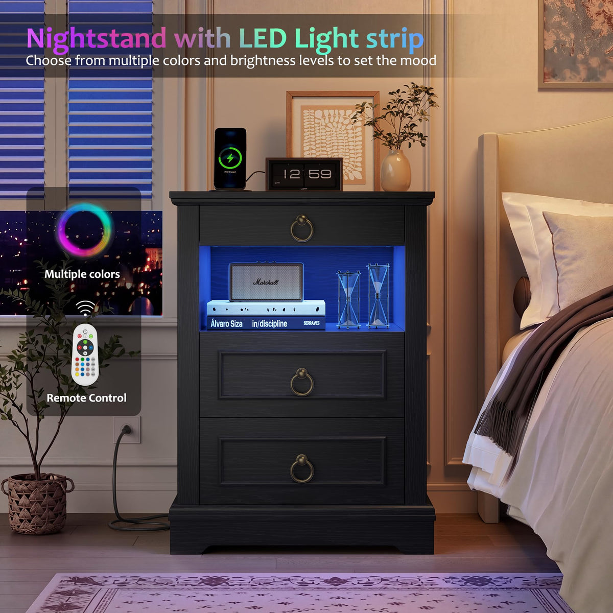 Black LED Nightstand Set of 2 with Charging Station