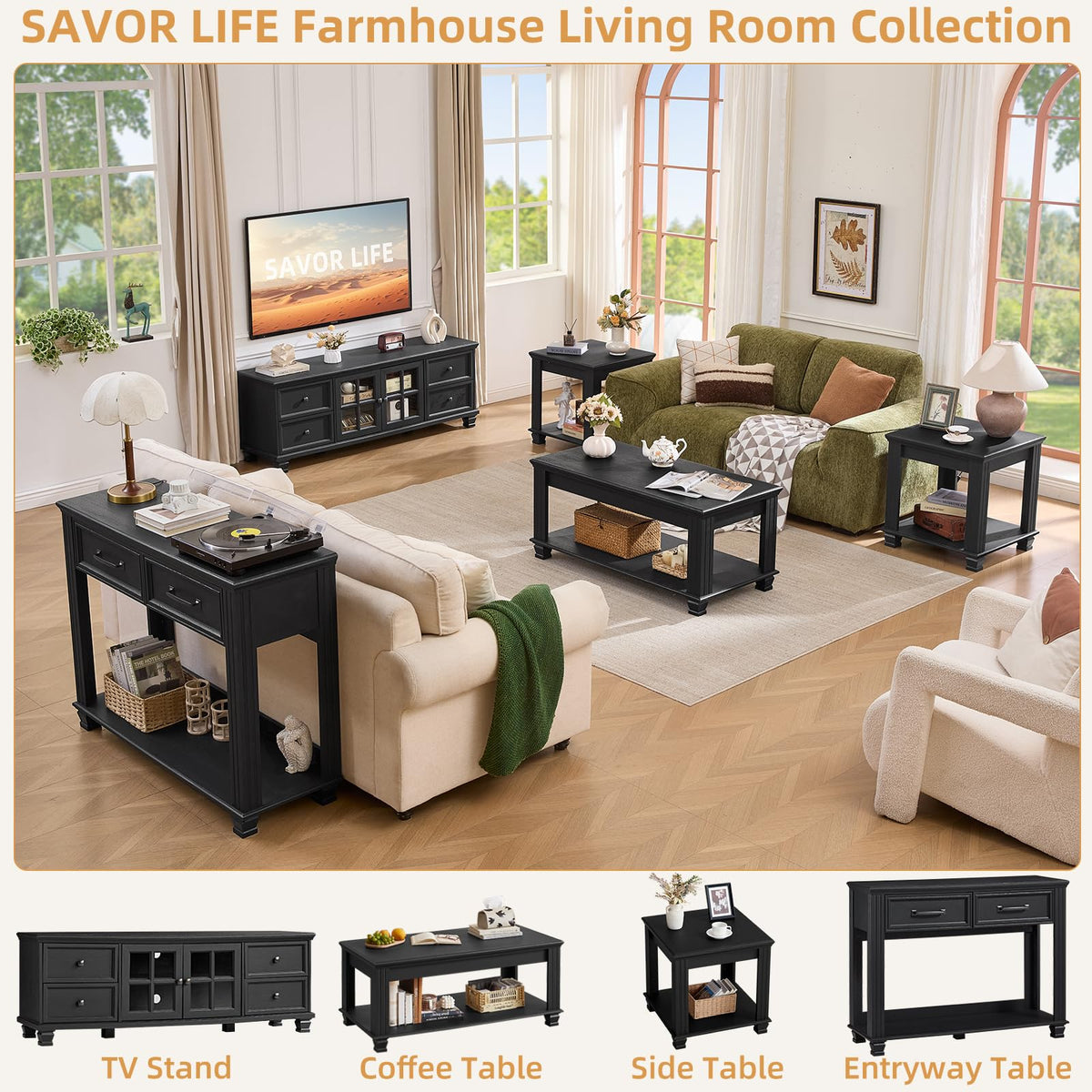 SAVOR LIFE Farmhouse Coffee Table Set of 3, Black