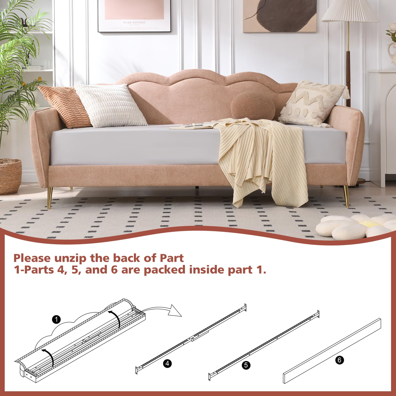 Linen Upholstered Twin Daybed with Cloud-Shaped Backrest & Gold Metal Legs