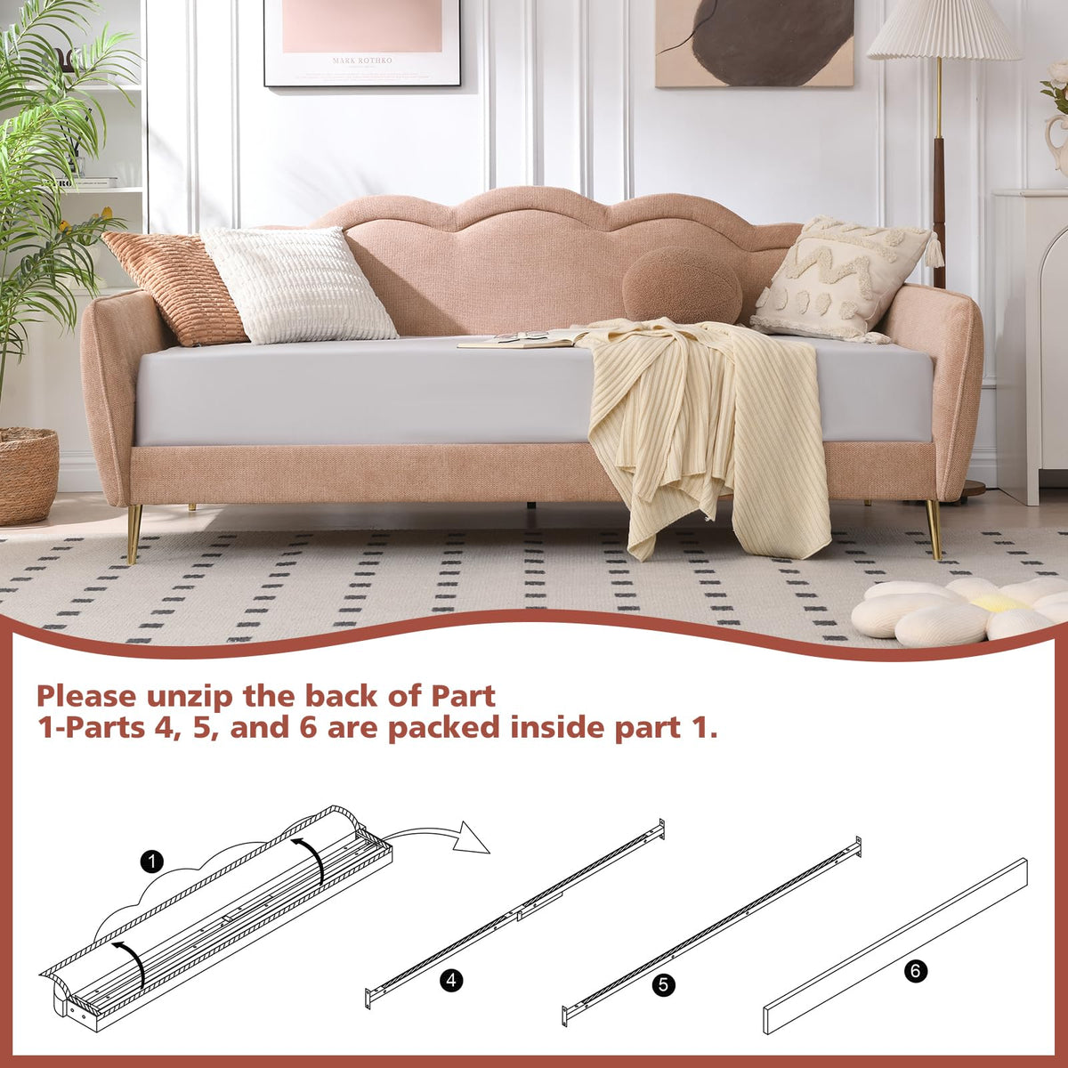 VELOCAVA Twin Size Upholstered Daybed with Cloud-Shaped Backrest, Modern Linen Sofa Bed with Metal Legs, Wood Slat Support for Bedroom, Living Room, Guest Room, Blush Pink