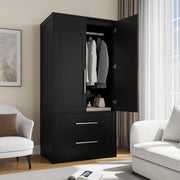 Einhomn Wooden Armoire Wardrobe Closet with 2 Doors and 2 Drawers,Freestanding Armoire Storage Cabinet with Shelves,Tall Clothing Storage Cabinet Suitable for Bedroom,Black