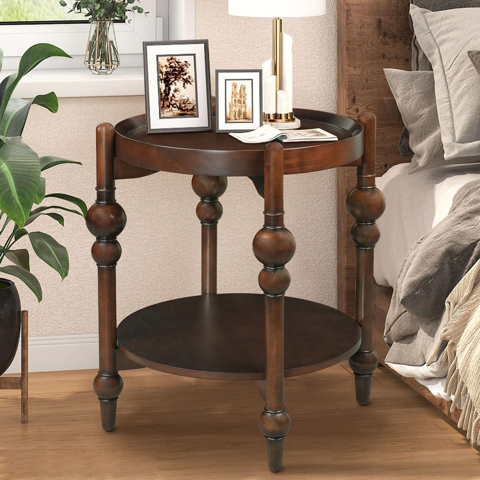 LKTART Nesting End Table for Living Room,Round Solid Wood Frame Nest Side Tables with Storage,Retro Accent Center Table for Small Space Apartment (25''D×24''H-Dark Brown)