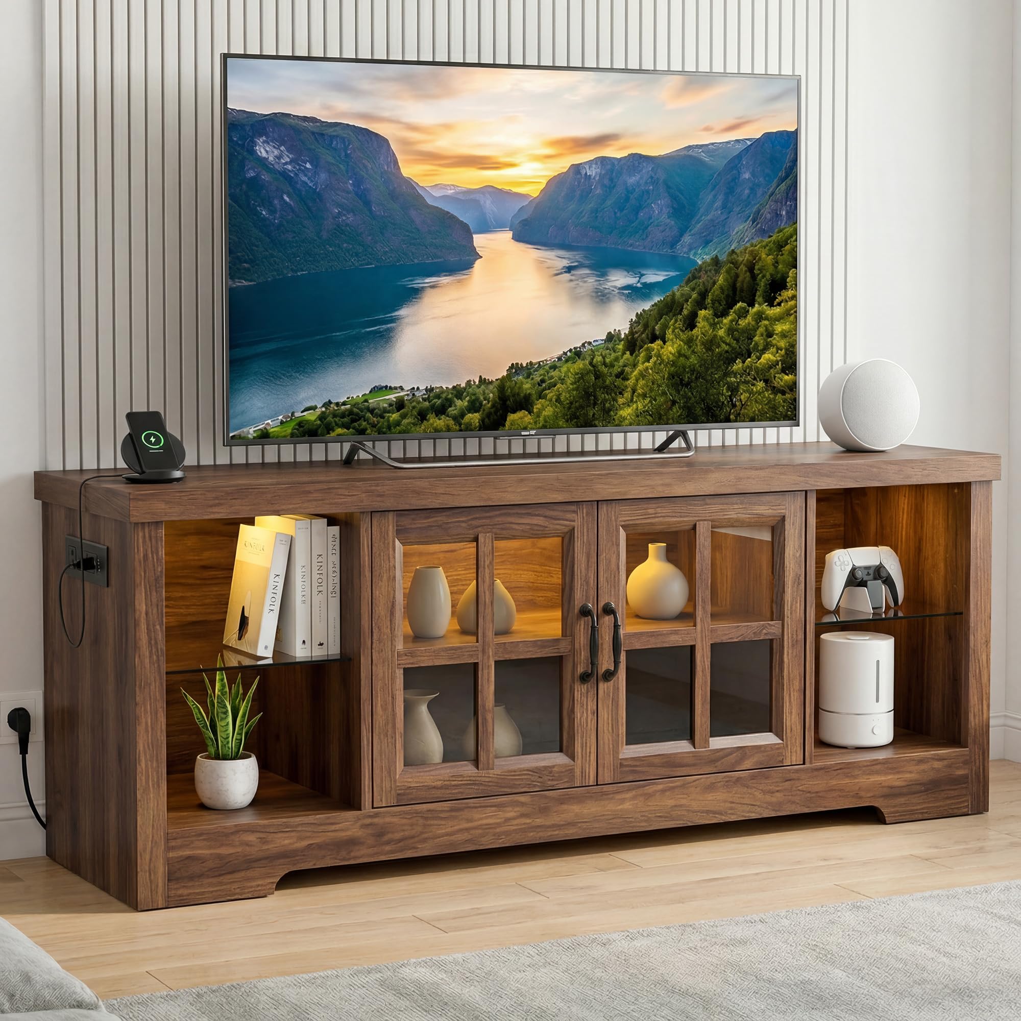 55" LED TV Stand with Charging Station & Adjustable Shelf