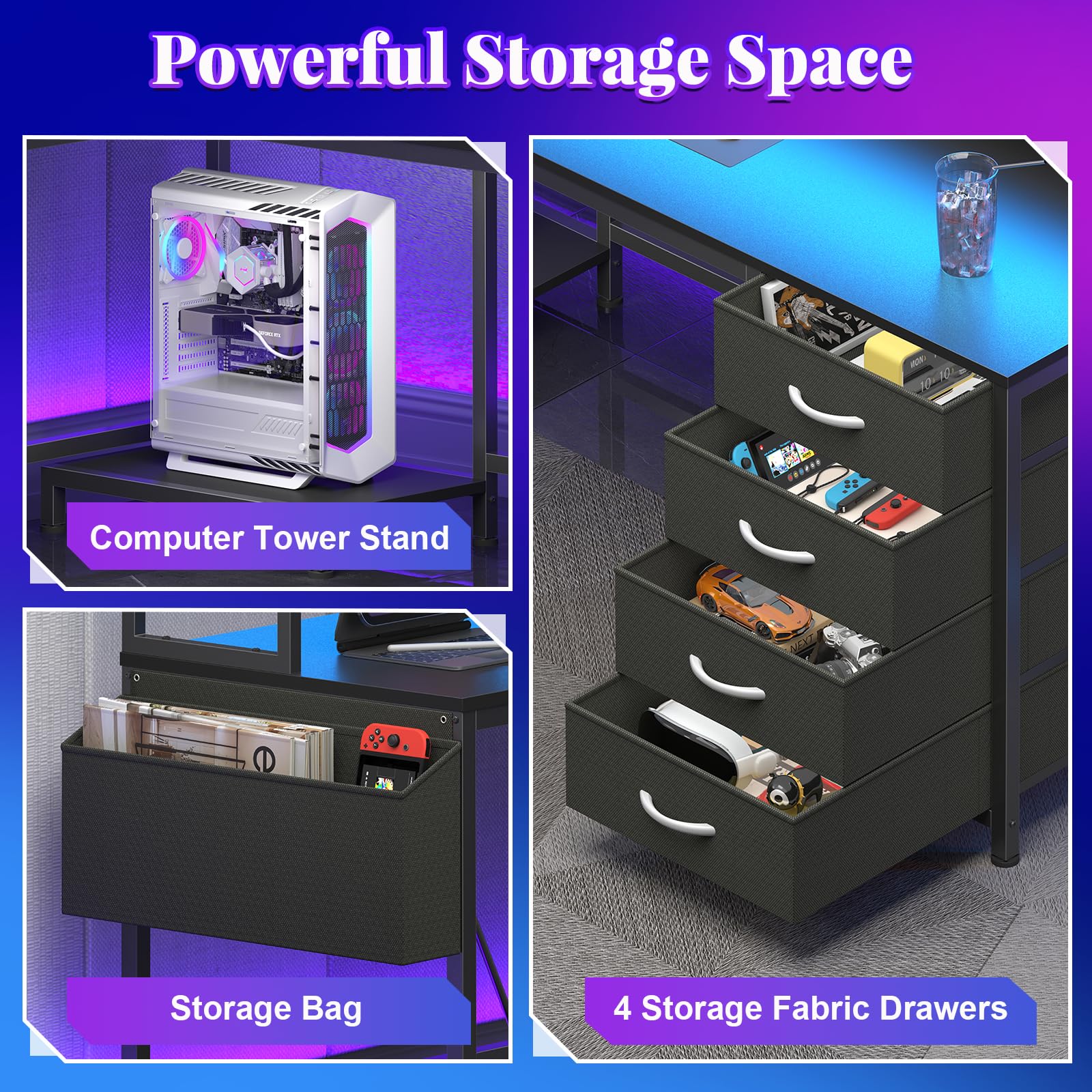 Gacfiew L Shaped Gaming Desk with Hutch, Reversible Computer Corner Desk with Drawers, Gaming Desk with LED Lights Panel, Power Outlets, Pegboard and Monitor Stand, Black