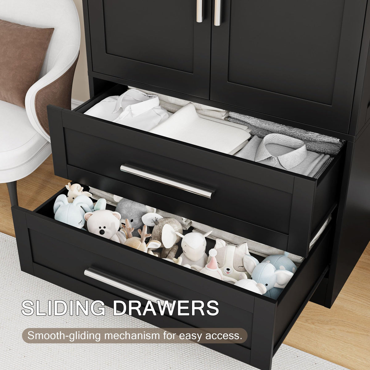 Black Wood Wardrobe with Drawers