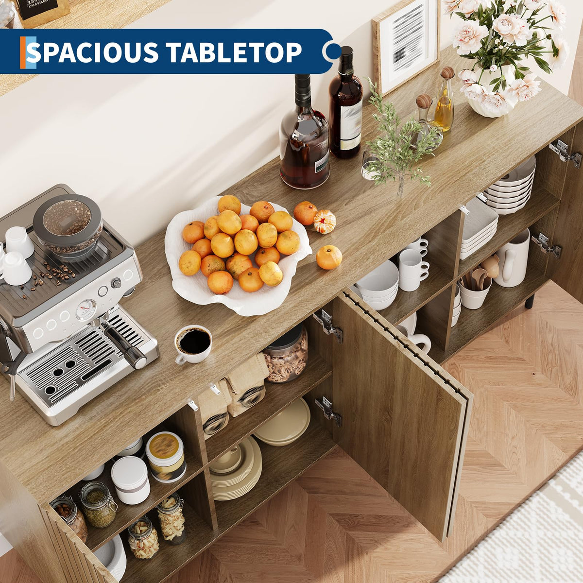 IDEALHOUSE 63" Fluted Sideboard Buffet Cabinet with 4 Doors and Adjustable Shelves, Modern Accent Storage Cabinet Coffee Bar Console Table Credenza with Metal Legs for Dining Room Living Room