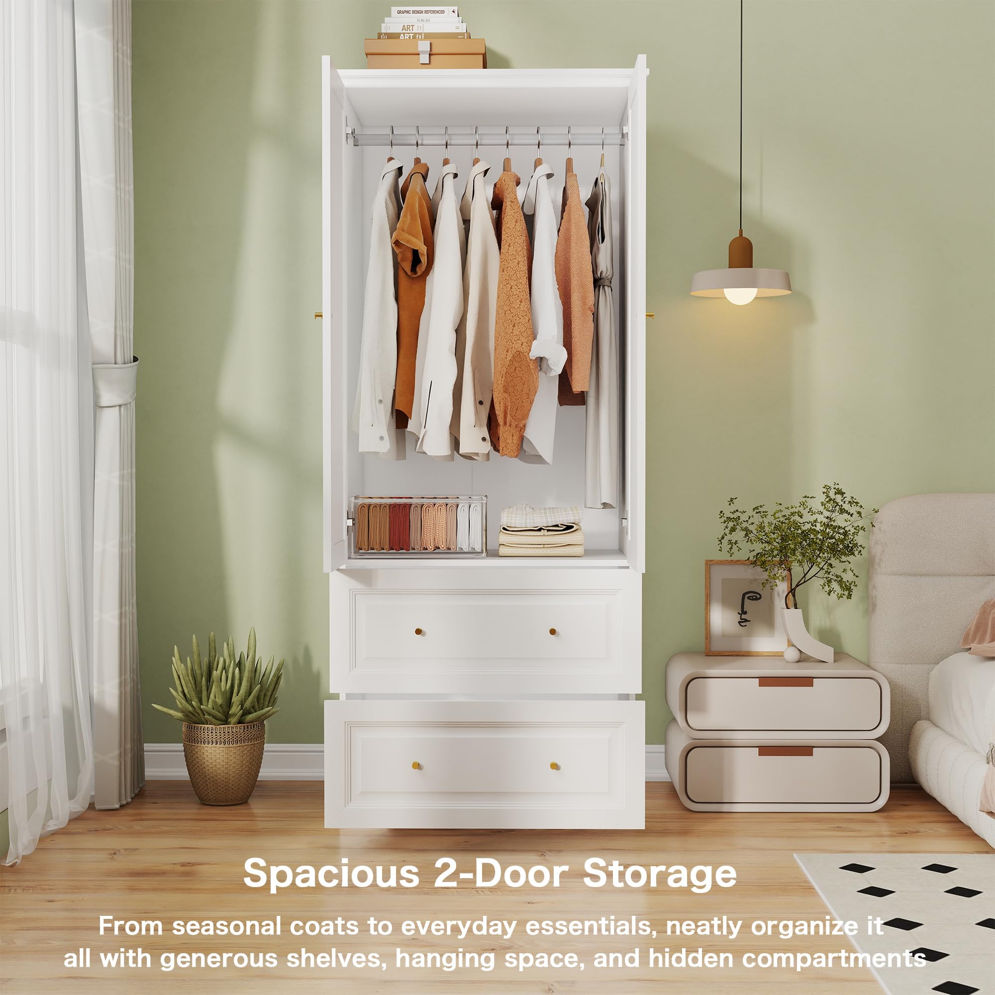 Mhsatyrs Armoire Wardrobe Closet with Drawers: Large White Wardrobe Closet with 2 Doors and 2 Drawers, Wooden Bedroom Armoires Storage Cabinet with Hanging Rod and Shelves (32")