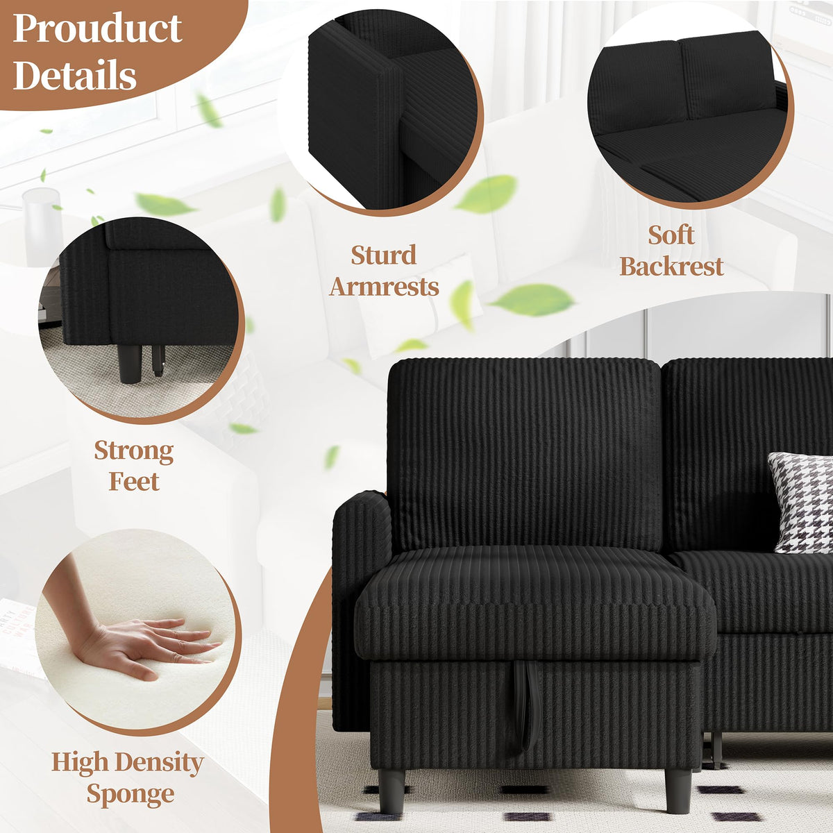 Corduroy Sectional Sleeper Sofa