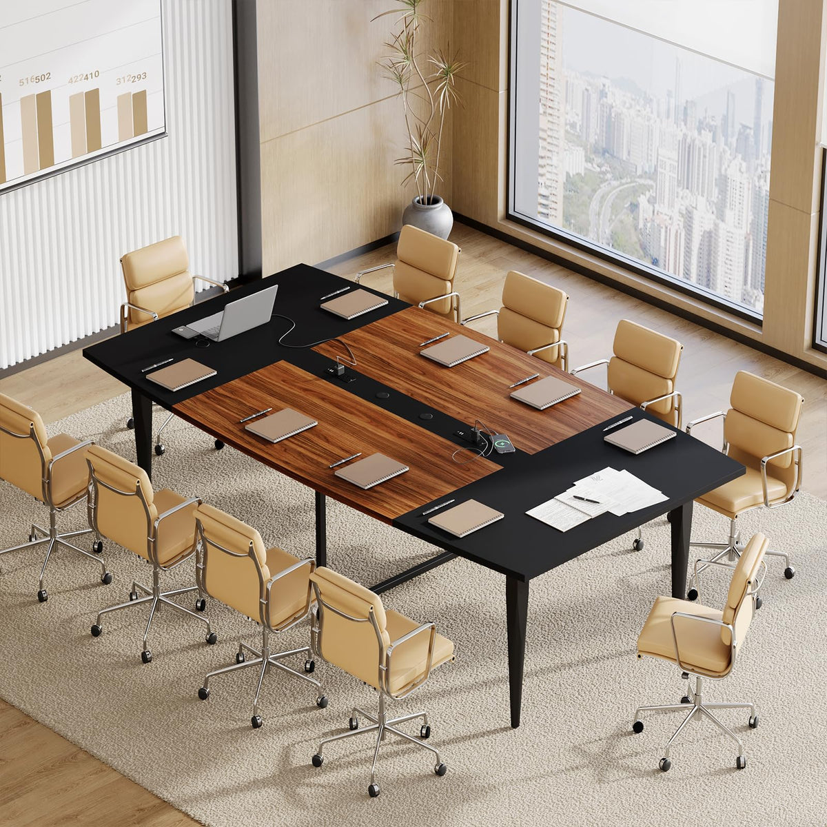 Yanosaku 8FT Conference Table with Power Hubs, Large Meeting Table for 8-10 People, Sturdy Metal Legs, 2 Cable Grommets, Modern Office Conference Table for Conference Room, Office, Meeting Room