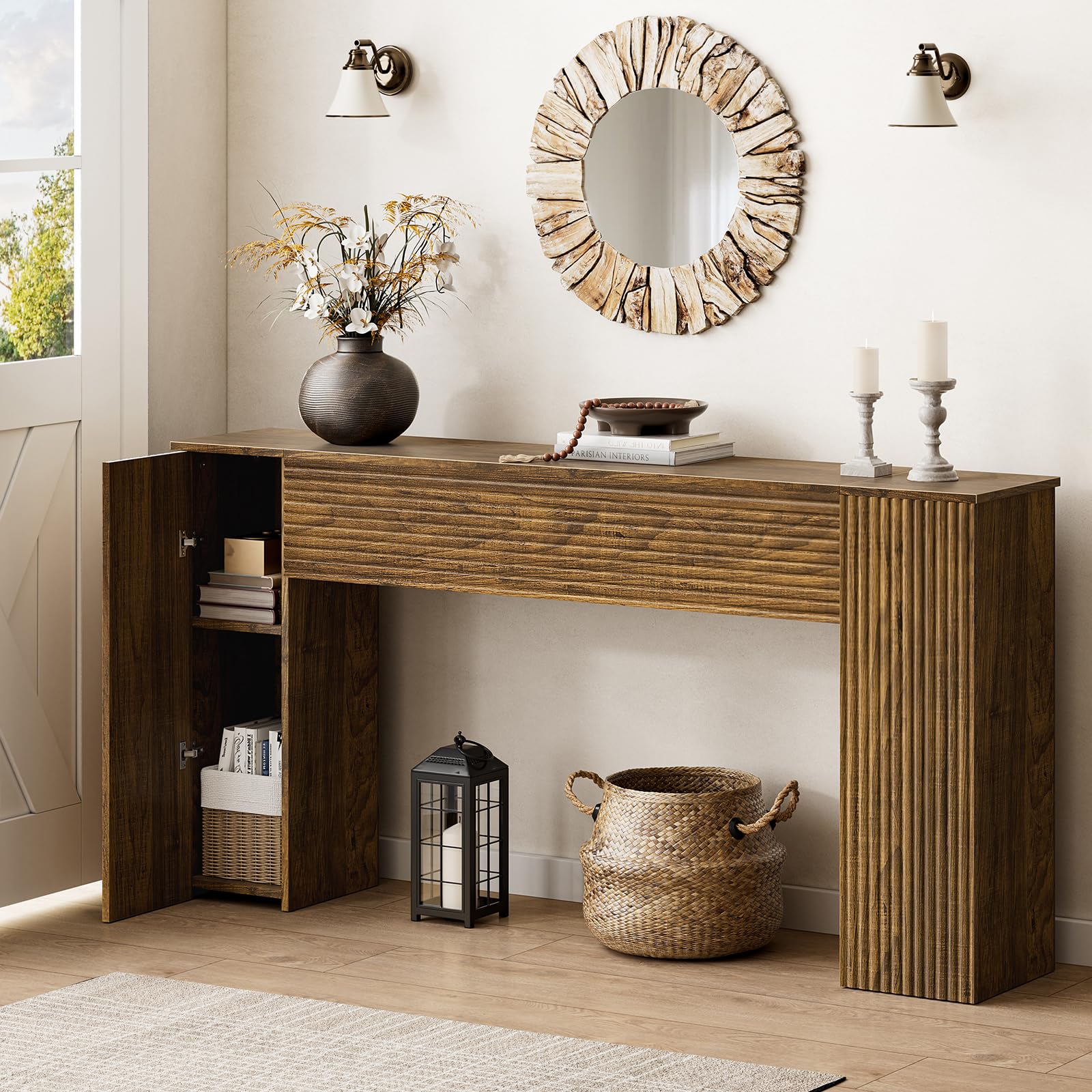 FABATO 61'' Fluted Long Console Table, Wooden Rectangular Sofa Table Behind The Couch, Narrow Entryway Table with 2 Hidden Storage Cabinets for Entrance, Hallway, Living Room, Foyer, Brown