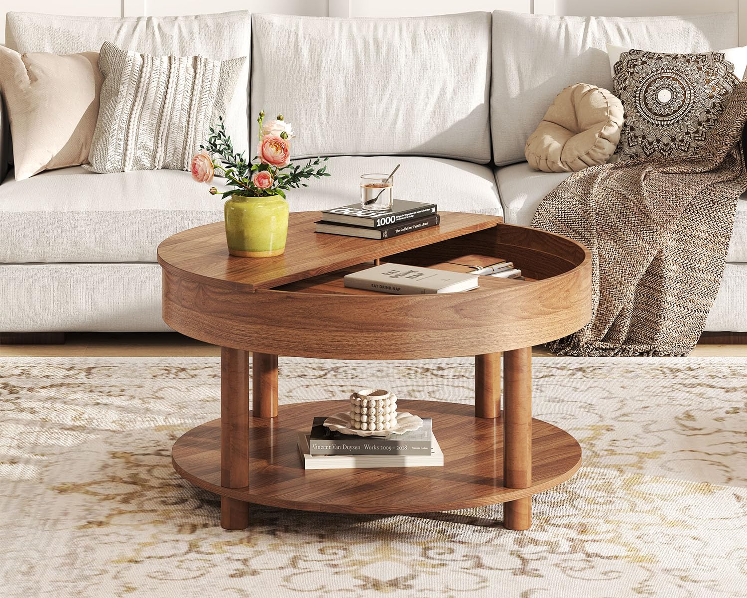 HSH Round Coffee Table, Modern Living Room Table with 2-Tier Storage, 360°Rotating Desktop, Removable Tray, Wood Circle Center Cocktail Table for Living Room, Bedroom, Office, Walnut, 30.63 Inch